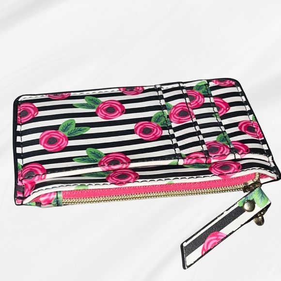 Boho Small Black White Striped Pink Roses Mini Zip Card Coin Wallet